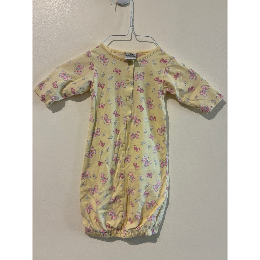 Infant Vintage Butterfly Floral Print Cotton Gown Yellow Pink Size 0/6 Months